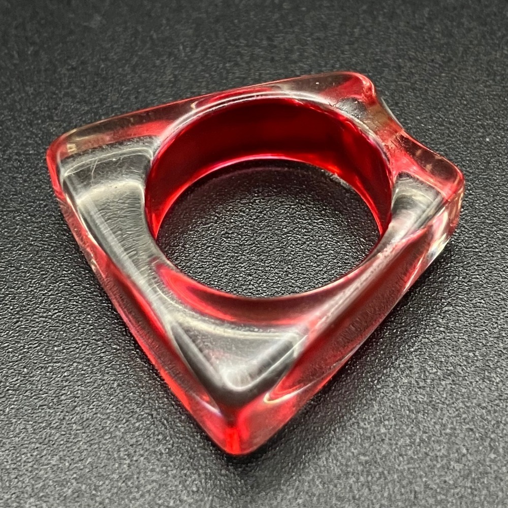 Vintage Resin Chunky Geometric Square Ring Red Clear Size 8